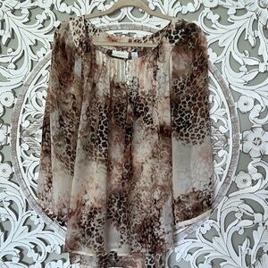 Chico's Womens Leopard Animal Print Flowy Blouse Top Sz 2 Brown 3/4 Sleeve